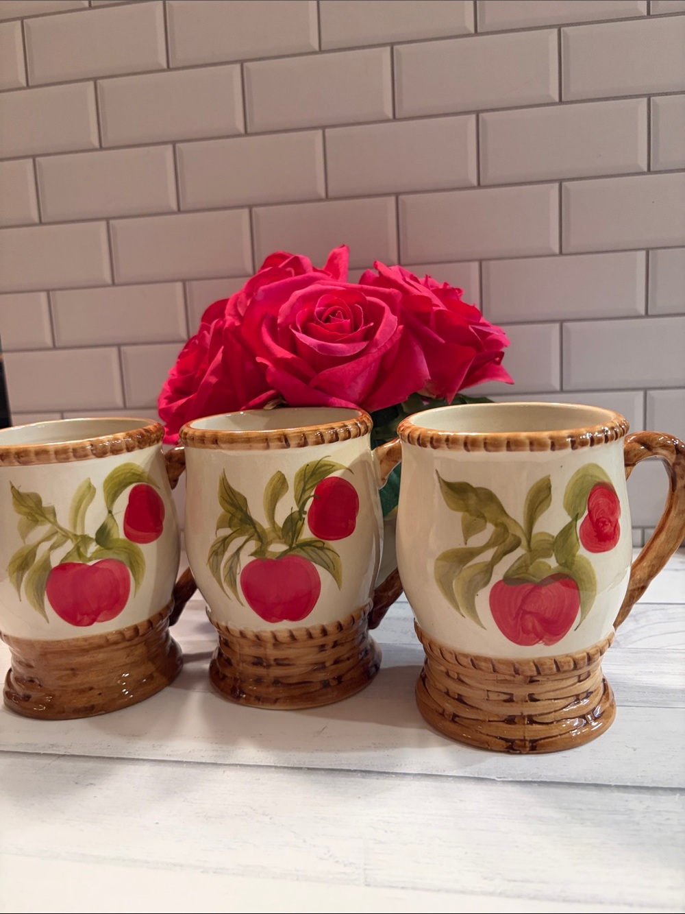 Hand-Painted Ceramic Apple Mugs - Set of 3